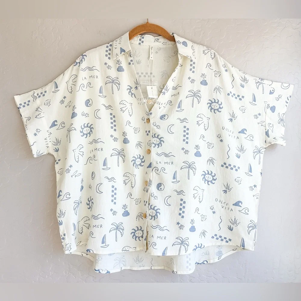 Rylee + Cru Jenni Women’s Button Top - Mediterranean Cream Blue NWT- Size Medium - Picture 2 of 9